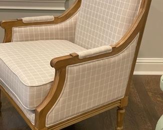 Upholstered arm chair with matching ottoman. Chair measures 28" W x 28" D; ottoman measures 24" x 18." Photo 2 of 4.