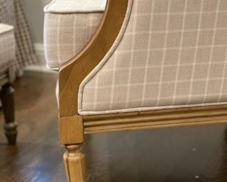 Upholstered arm chair with matching ottoman. Chair measures 28" W x 28" D; ottoman measures 24" x 18." Photo 3 of 4.