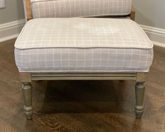 Upholstered arm chair with matching ottoman. Chair measures 28" W x 28" D; ottoman measures 24" x 18." Photo 4 of 4.