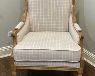 Upholstered arm chair with matching ottoman. Chair measures 28" W x 28" D; ottoman measures 24" x 18." Photo 1 of 4.