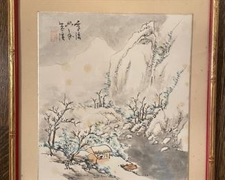 Vintage Japanese art in faux bamboo frame. Photo 1 of 2.