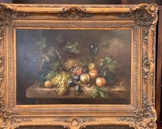 Original fruit still life oil painting. Painting measures 35" W x 24" H. Frame measures 38" W x 50" H. Photo 1 of 2.