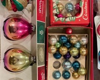 Sample of vintage Christmas ornaments including Shiny Brite.