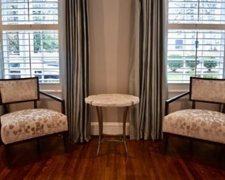 Ethan Allen club chairs and Arhaus marble-top side table