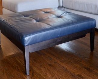 Crate and Barrel Nash navy tufted leather ottoman with tray