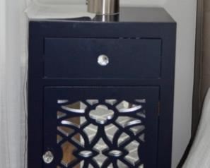 Navy bedside table (2) and lamp (2)