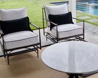 Summer Classics spring lounge chairs with Sunbrella fabric and Pottery Barn Jayne marble-top coffee table