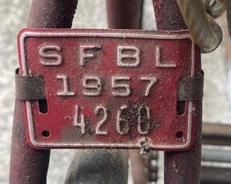 1957 San Francisco Bicycle License Plate on Bicycle 