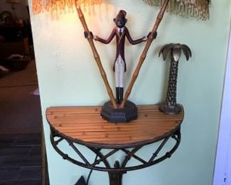 Bamboo and iron half Table, Monkey Lamp