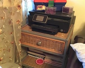 Wicker and iron End Table, printer, craft Supplies