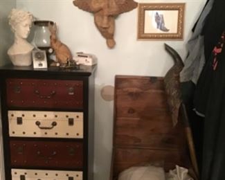 Framed Bat,  Cedar Storage Box, Small chest of Drawers