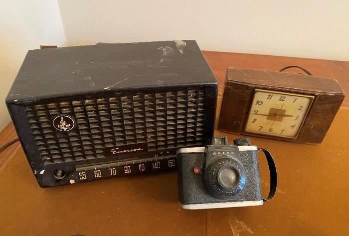 Vintage radios, clocks and cameras.