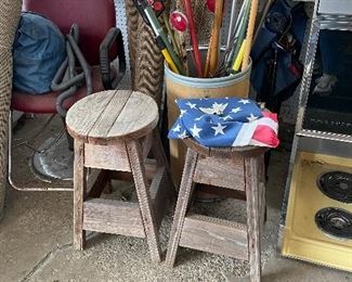 two vintage wood stools