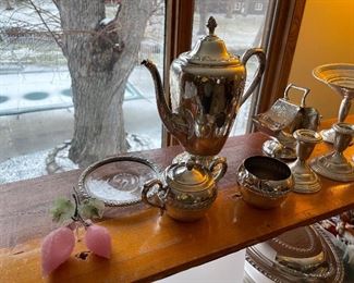 Silver plate tea set, sterling candlesticks and dish