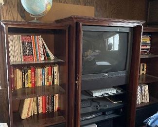 Media cabinet, TV, DVD Player, magazines and books