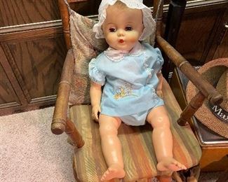 Antique dolls, small antique child chair