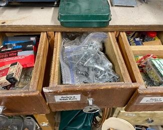 Large selection of tools, wood scraps and hardware