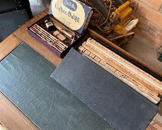 antique children's desk, antique printing blocks and stamps