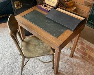 antique children's desk, antique printing blocks and stamps