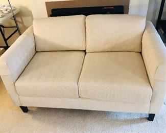 Loveseat with herringbone pattern fabric (56”L, 36”D, 28”H) Has sticky “anti-cat scratch” tape on corners.