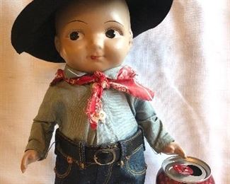 Vintage "Buddy Lee" composition doll  - Lee Jeans advertising piece.  13” tall, complete with original black felt hat. 