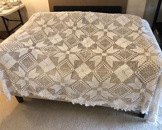 Hand crocheted bedspread - dated 1938! 96” x 108” with fringe on 3 sides (no fringe on one short edge)