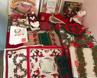 Assorted Xmas linens (including some Scandinavian), Xmas theme books & more