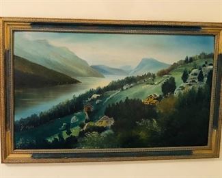 Old Scandinavian landscape painting on board in vintage frame (framed size 17” x 27”)