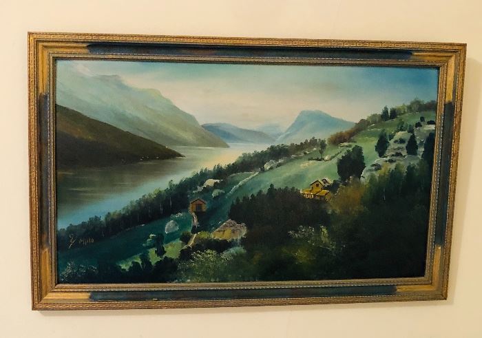 Old Scandinavian landscape painting on board in vintage frame (framed size 17” x 27”)