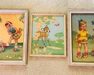 Vintage kids prints - center one is Bambi (Walt Disney Productions), other two are by Phoebe MacDonald.