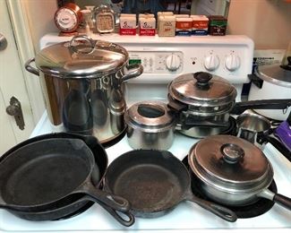 Cast iron skillets, Revere Ware 12 qt. stock pot, vintage copper Mirro timer, other pots & pans