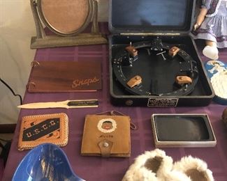 Vintage Alaska souvenirs, standing gilt frame, U.S. Navy Bureau of Ships Azimuth Circle (dated 1943 - Mark III, Model 2) in original case