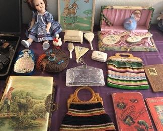 Ideal Toni doll (16” tall), vintage purses including lucite clutch, old photo album (empty), old children’s books & more
