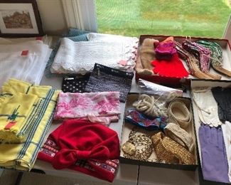 Damask tablecloths & napkins, vintage gloves & belts