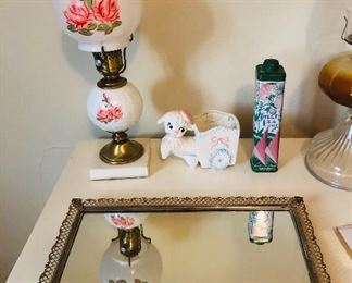 Vintage lamp with milk glass shade, mirror with gold metal frame (can sit flat or hang), vintage talc tin