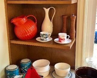 Studio pottery, vintage orange glass pitcher, Starbucks Beijing demitasse cups & saucers, crocheted pot holders