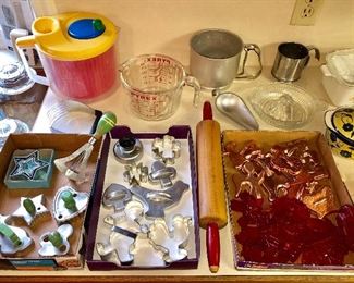 Baking supplies, vintage cookie cutters, glass reamer (juicer)