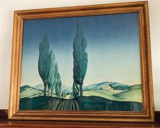 Vintage print of poplars along a country road - in gilt frame (framed size 28” x 34”)