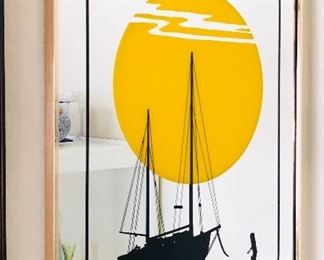 Groovy 1970s mirror with stenciled sailboat & sun design (20” x 26”)