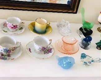 More cups & saucers (demitasse), glass & ceramic bird & animal figurines 