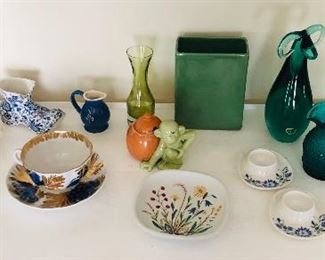 Fun tchotchkes: mini teapots & pitchers, Rorstrand dish, Figgjo Flint egg cups (Norway), Kusak & Czech colored glass pieces