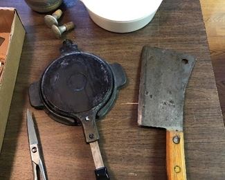 Jotul krumkake iron( Norway), Dunlap cleaver, Corning Ware “Buffet Server”