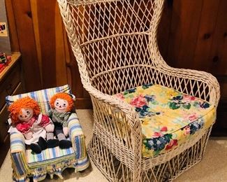 Vintage wicker chair (28”W, 30”D, 44”H), kids chair with Raggedy Ann & Andy