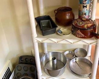 Baking pans, bean pot, cat mugs , vintage biscuit jar