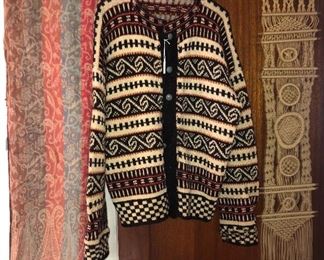 Vintage hand knit Norwegian sweater, macrame wall hanging 