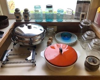 Vintage Ball jars, Farberware electric skillet, tart pan, glass canisters