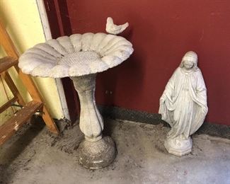 Bird bath (20”W x 28”H), Madonna statue (25” tall)