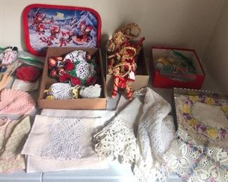 Xmas tray, crocheted doilies, hardanger, Scandinavian straw goats 