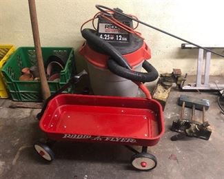 Ridgid 4.25hp/12 ship vac, small Radio Flyer wagon, vises