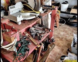 Work bench, tablesaw, tools